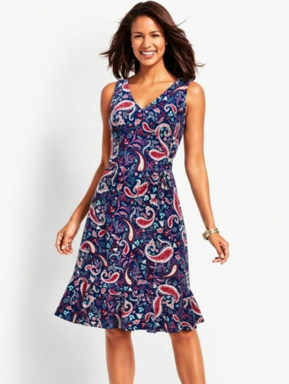 Talbots V-Neck Sleeveless Dress Sheath Flounce Hem Cotton Fit & Flare Paisley